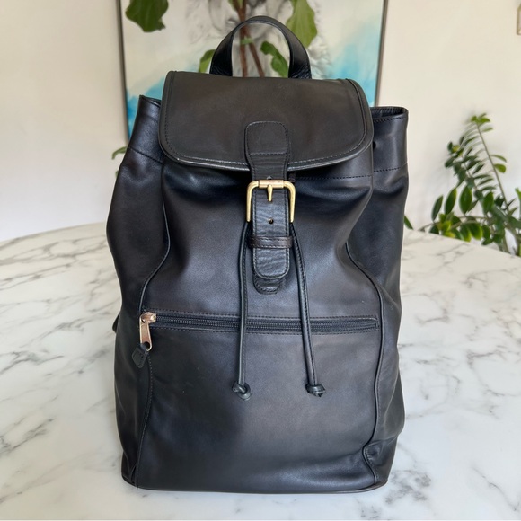 COACH Vintage Drawstring Buckle Backpack 509 529 Black Leather Brass USA 90's - Picture 1 of 16